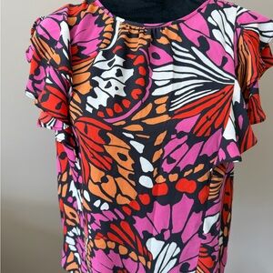 DR2 Colorful Butterfly Print Flutter Sleeve Blouse Medium